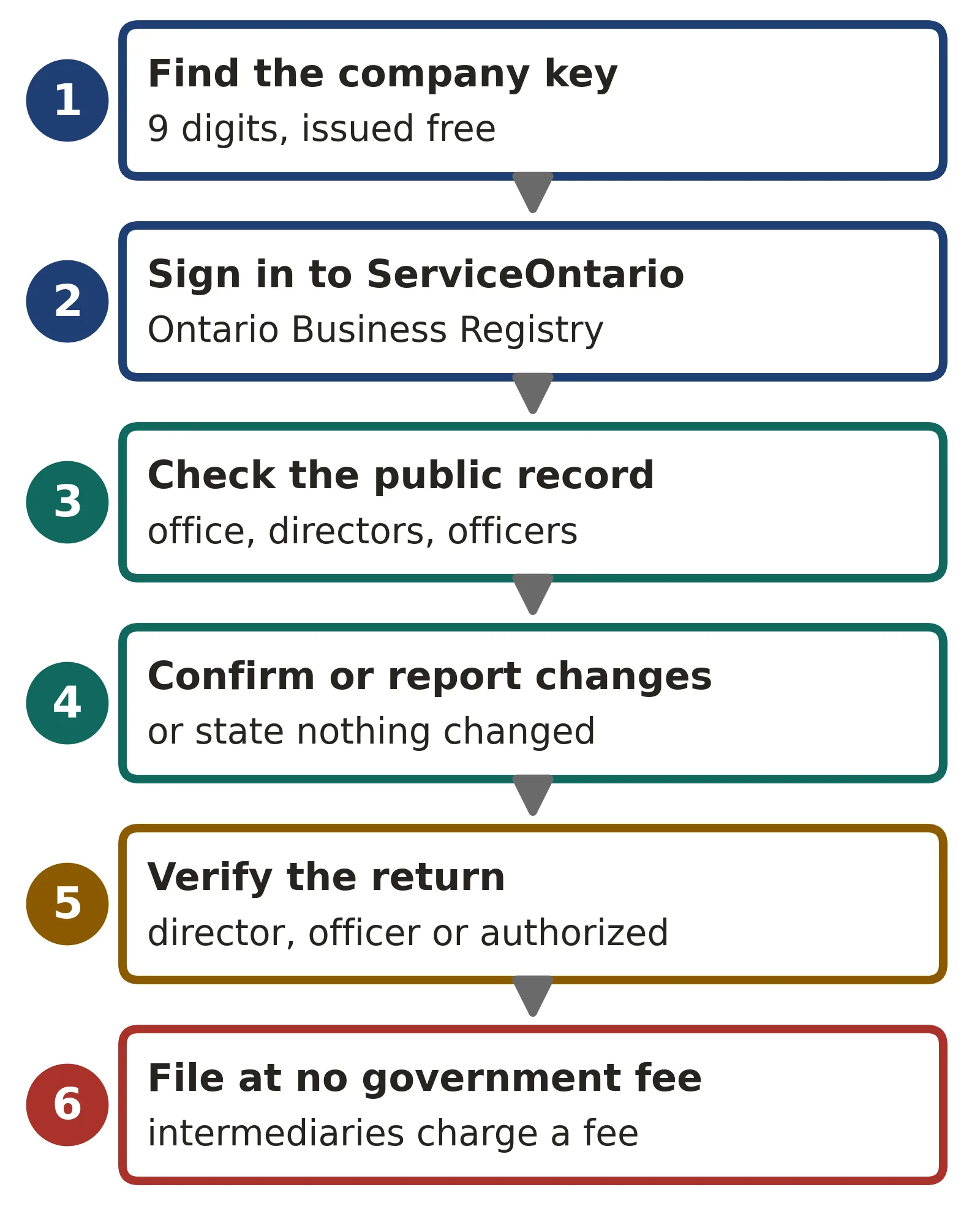 Six steps to file an Ontario annual return on the Ontario Business Registry: find the company key, sign in to ServiceOntario, check the public record, confirm or report changes, verify as a director, officer or authorized person, then file at no government fee.