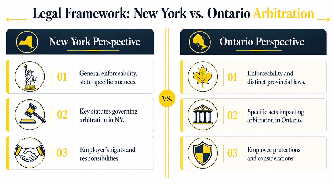 A comparison chart outlining the legal frameworks for employment arbitration in New York and Ontario.
