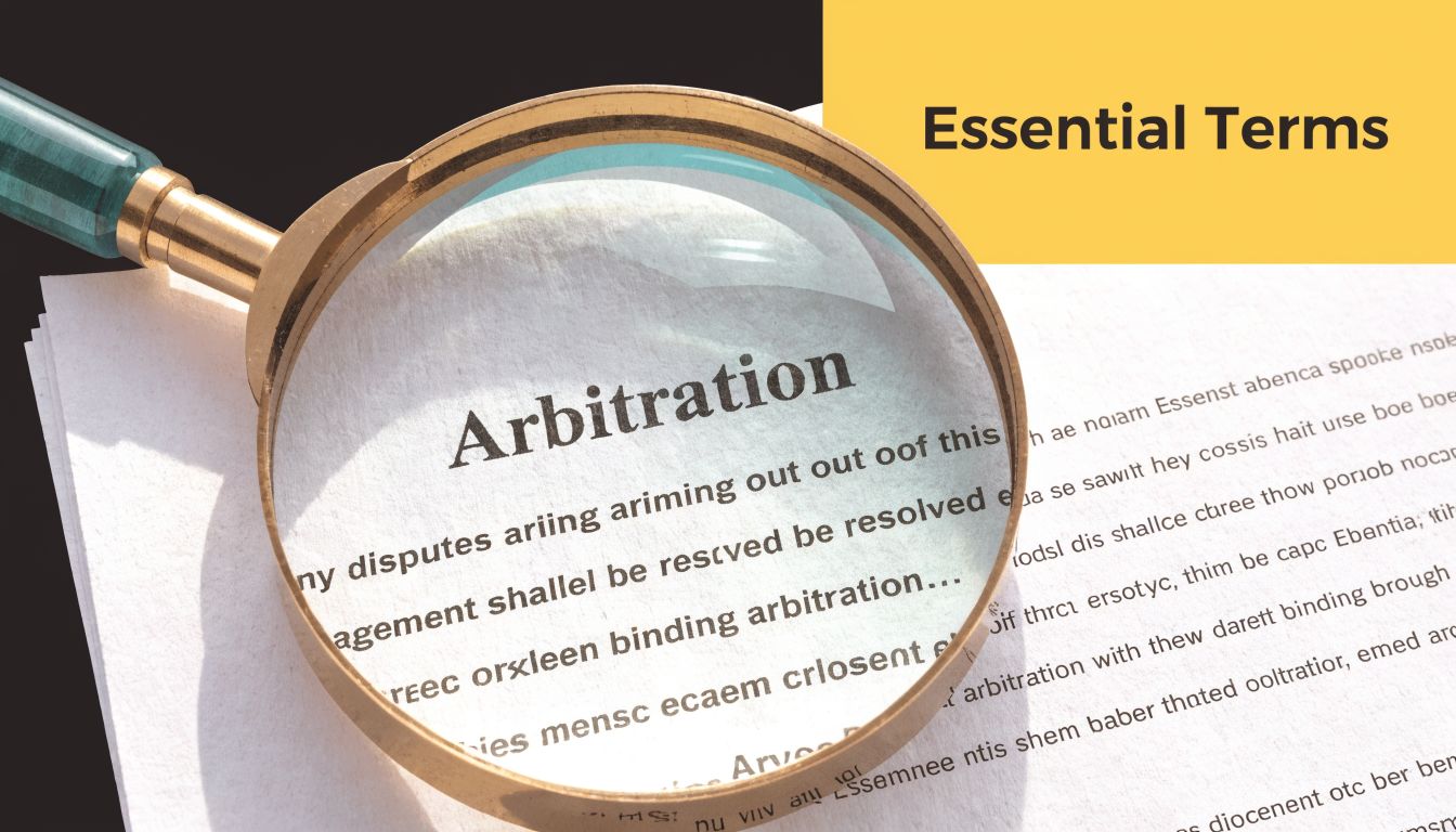 A magnifying glass positioned over a document highlighting the word arbitration as an essential legal term.