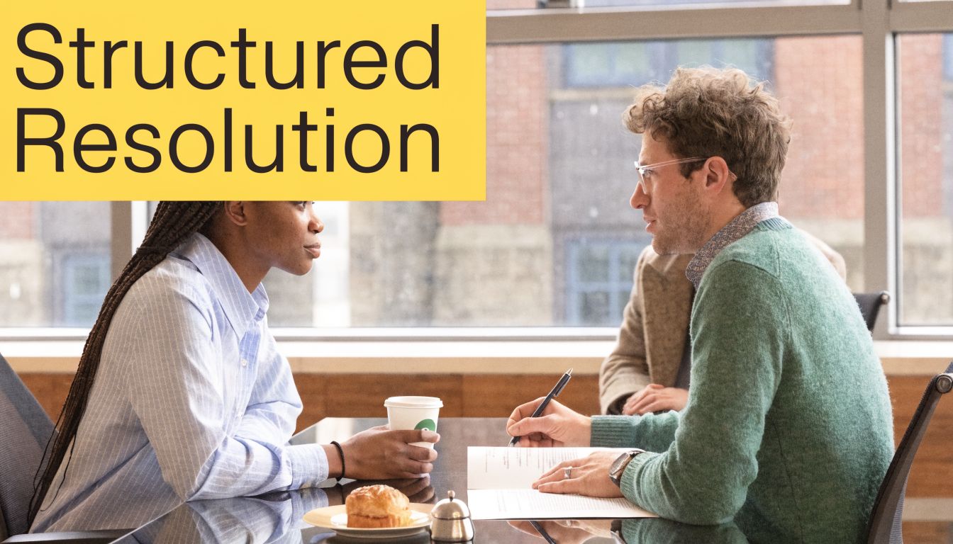 A professional man and woman discussing business agreements in a bright office conference room setting.