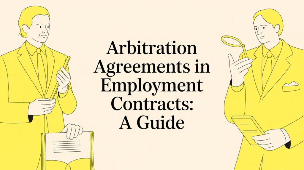 Informational banner with the title 'Arbitration Agreements in Employment Contracts: A Guide' and two yellow-clad figures on either side.