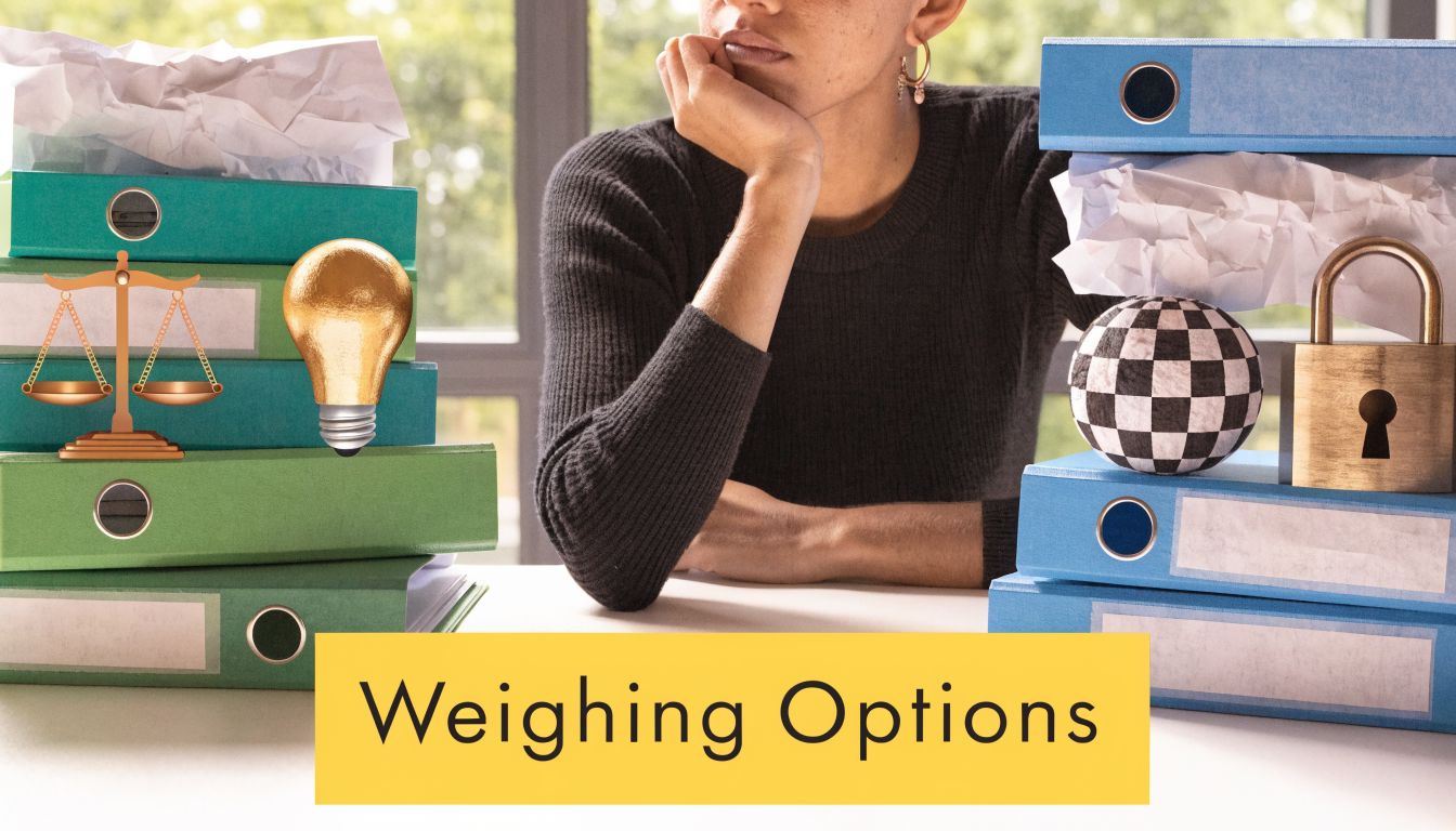 A person sitting at a desk weighing options between legal documents and security measures.