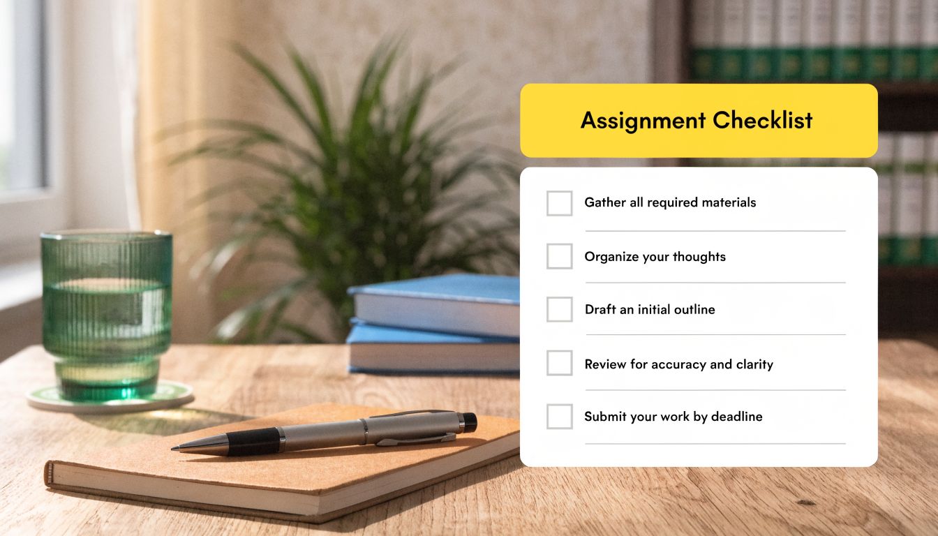 An assignment checklist displayed on a wooden desk with a notebook, pen, and green glass.