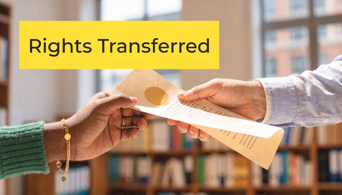 A close-up view of two people exchanging a legal document in a library setting.