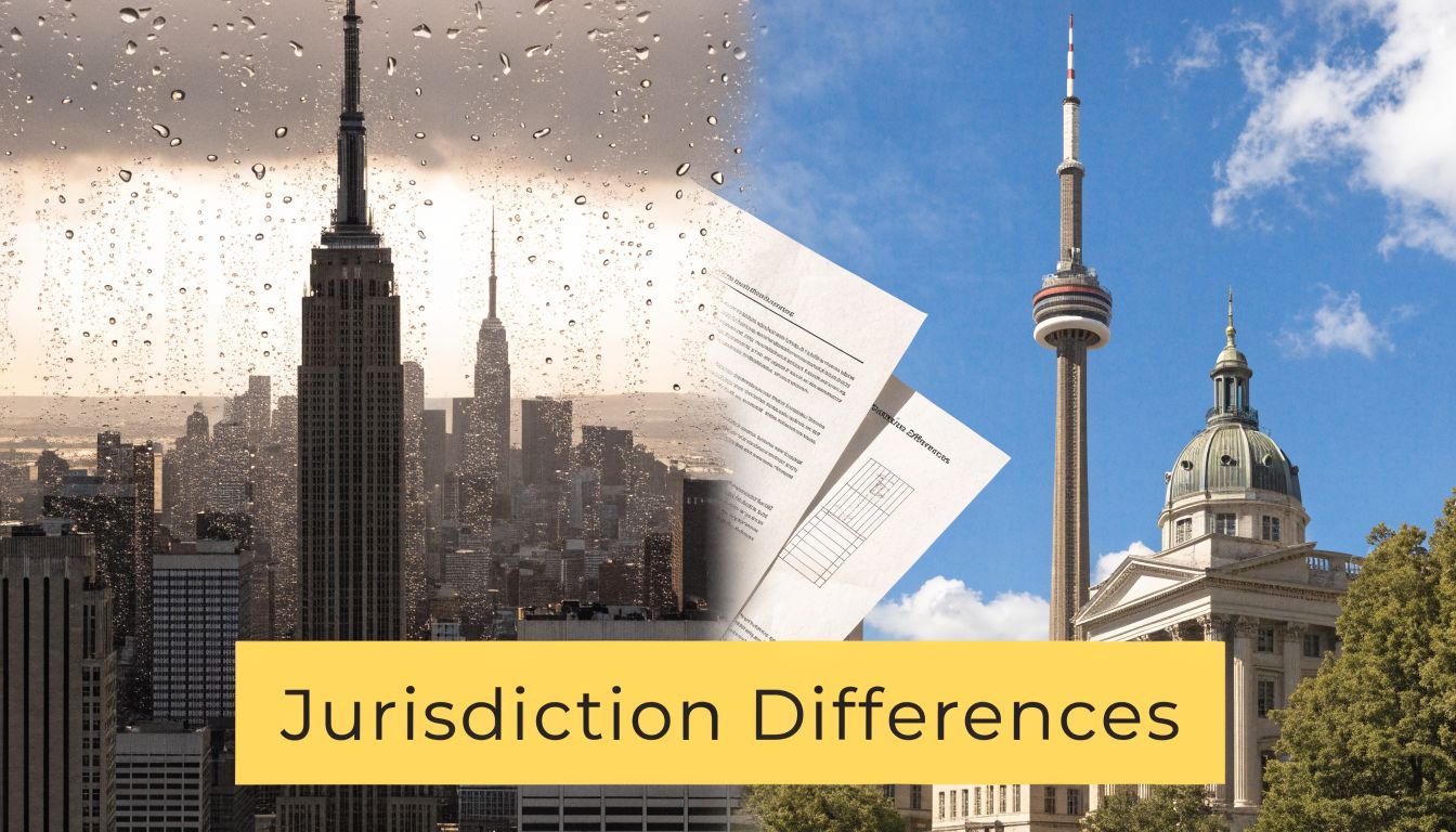 A split screen showing a rainy cityscape and legal documents alongside a sunny skyline with a tower.