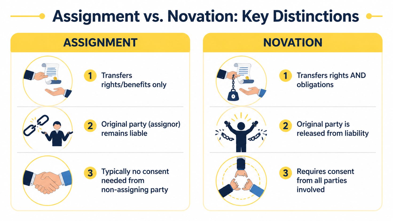 A comparison chart outlining the key legal differences between contract assignment and novation processes.