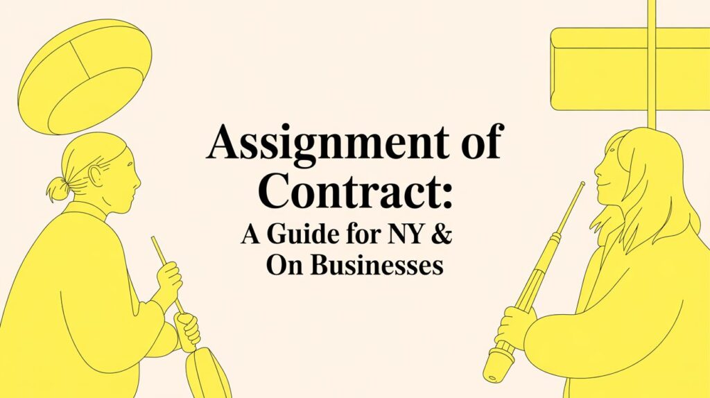 Cover illustration for a guide titled 'Assignment of Contract: A Guide for NY & On Businesses' showing two yellow outline figures facing each other against a pale background, each holding a large tool or object of their own.