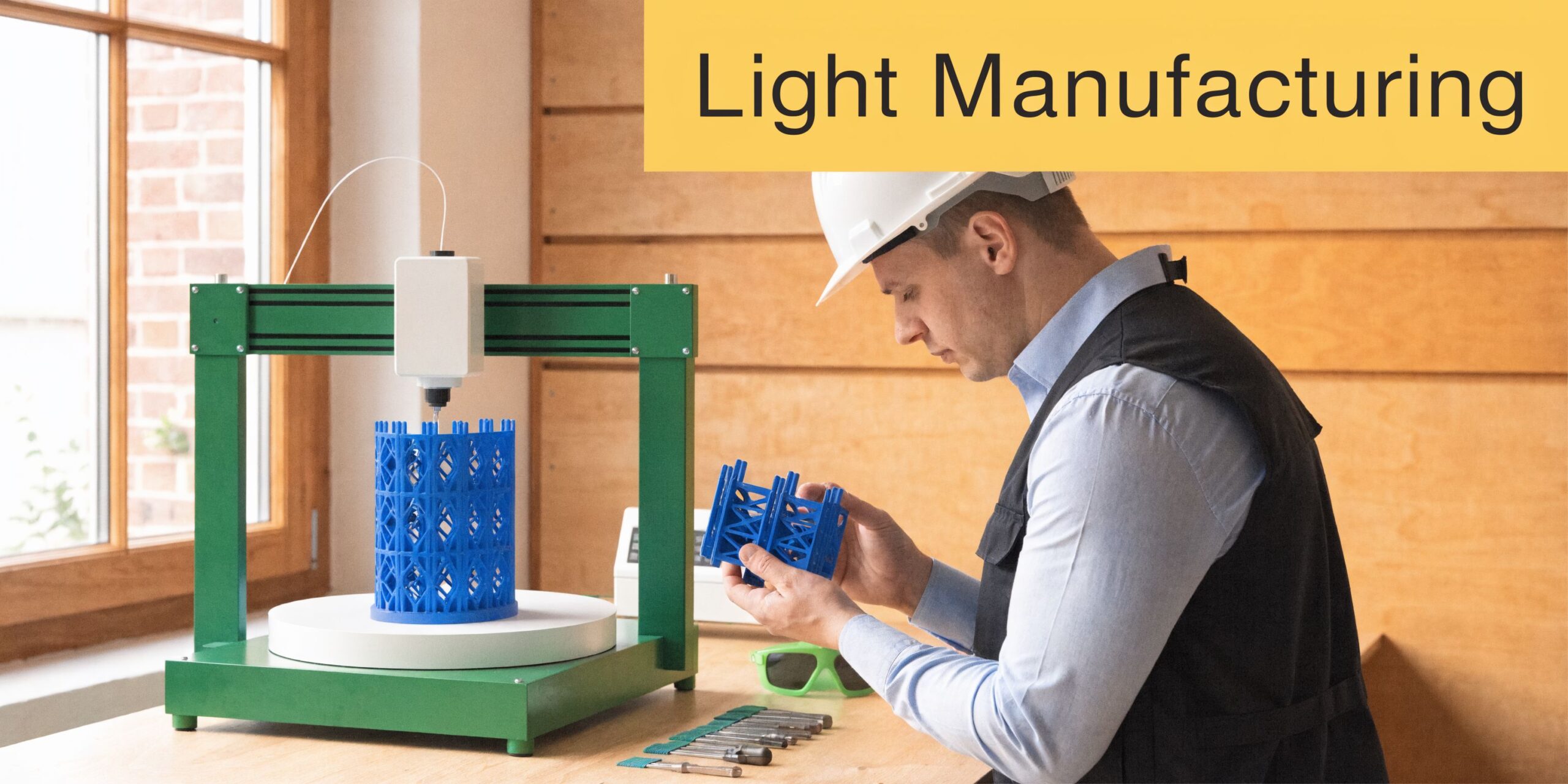 A professional engineer in a hard hat inspecting a 3D printed model next to a manufacturing printer.