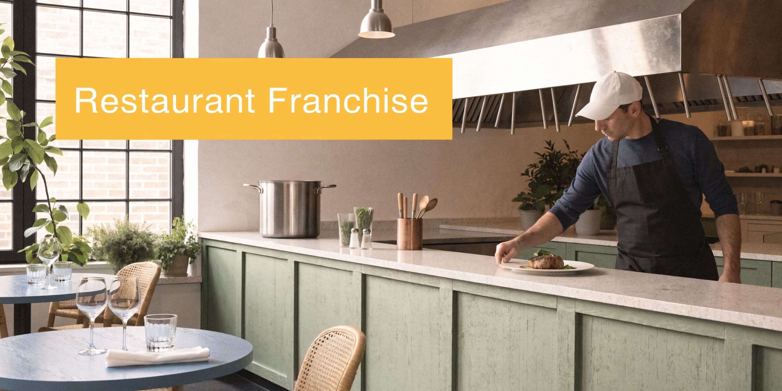 A professional chef prepares a meal in a modern, light-filled restaurant kitchen for a franchise opportunity.