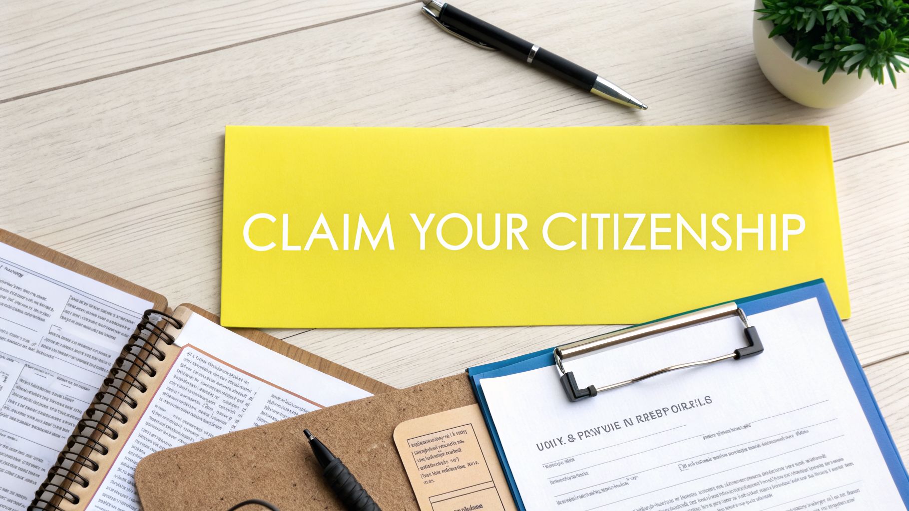 A yellow folder with 'CLAIM YOUR CITIZENSHIP' on a light wooden desk, surrounded by documents, a pen, and a small green plant.