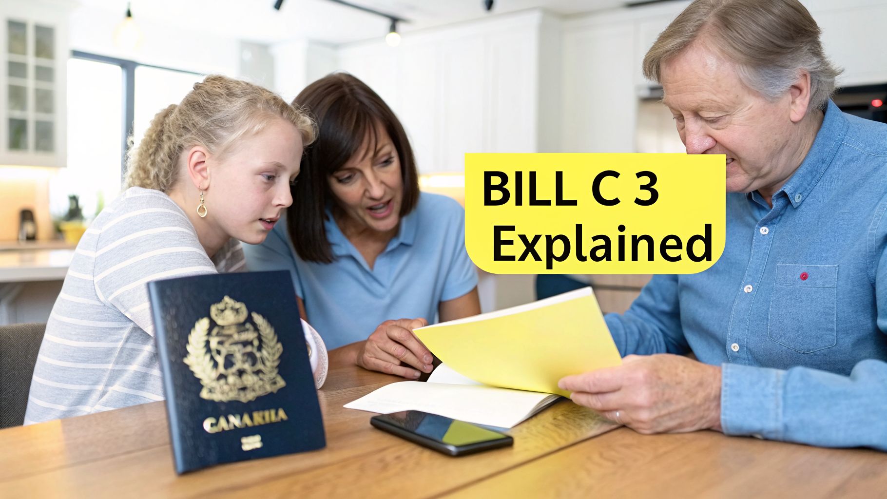 A family reviews documents on a table, discussing 'BILL C 3 Explained' and a passport.
