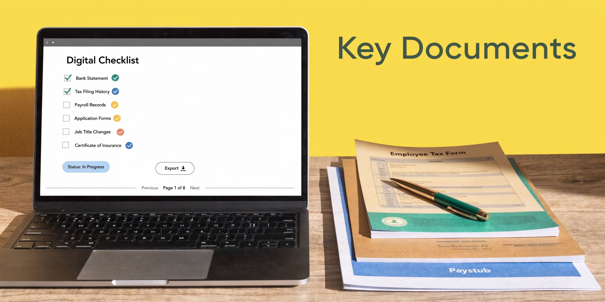 A laptop displays a digital checklist for key documents alongside physical tax forms and a pen.
