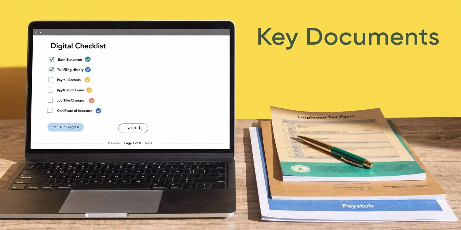 A laptop displays a digital checklist for key documents alongside physical tax forms and a pen.