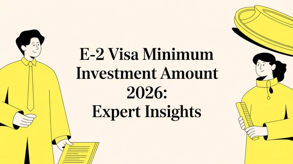 Informational banner about the E-2 visa minimum investment amount for 2026, with two yellow-dressed illustrated people on the sides.