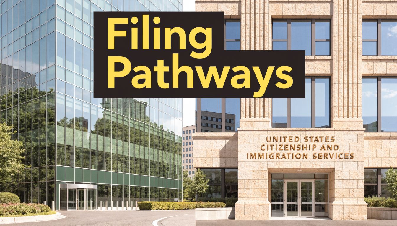 A modern building featuring the United States Citizenship and Immigration Services sign with overlaying text Filing Pathways.