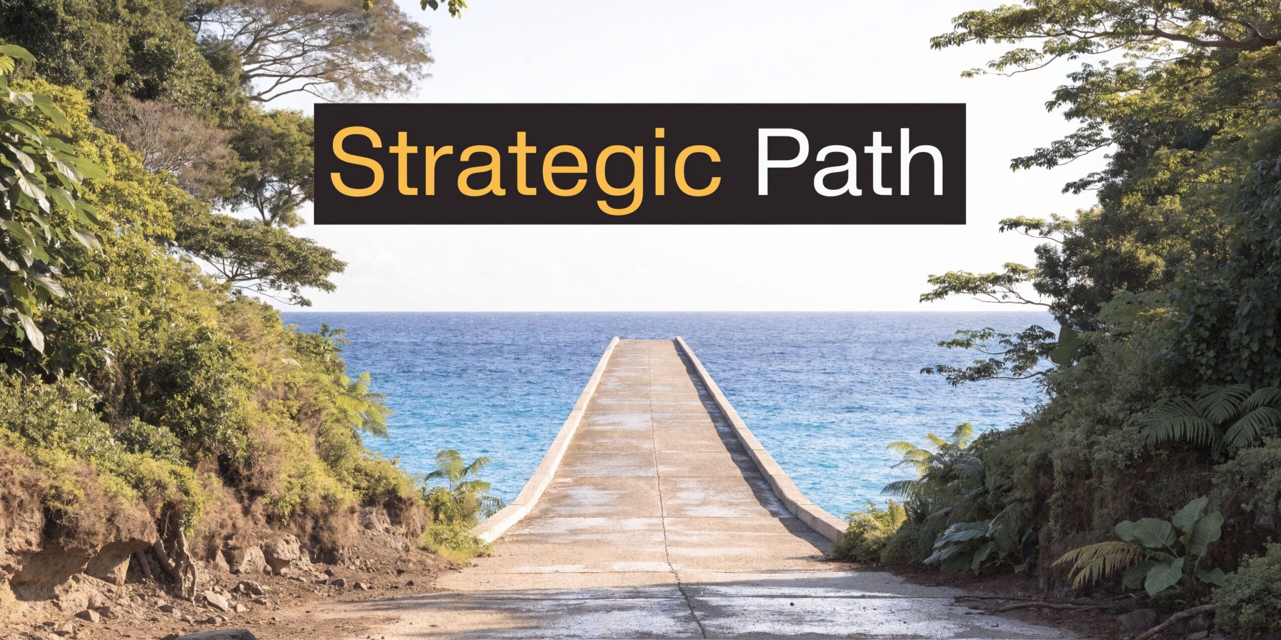 A long concrete pier extending into a calm blue ocean, framed by lush tropical trees and vegetation.