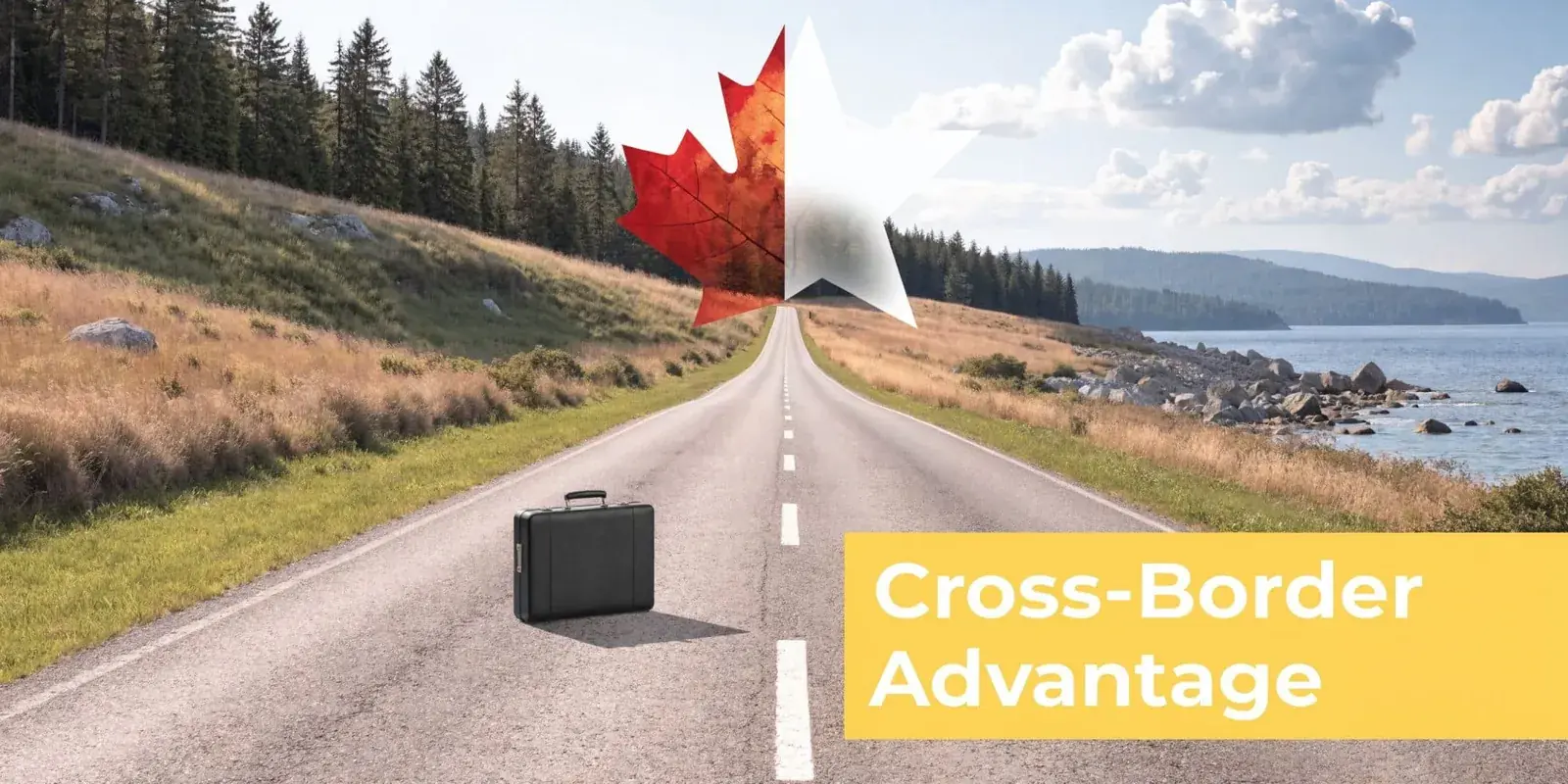 A suitcase sits on a road that transitions from a forest landscape to a coastal view.