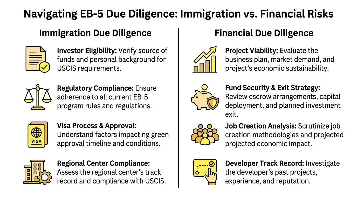 A comparison chart outlining key factors for navigating EB-5 immigration due diligence versus financial due diligence.