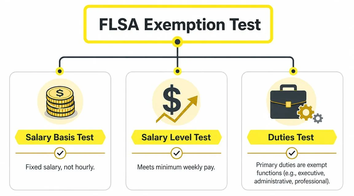 A diagram outlining the three criteria for the FLSA Exemption Test: Salary Basis, Salary Level, and Duties.