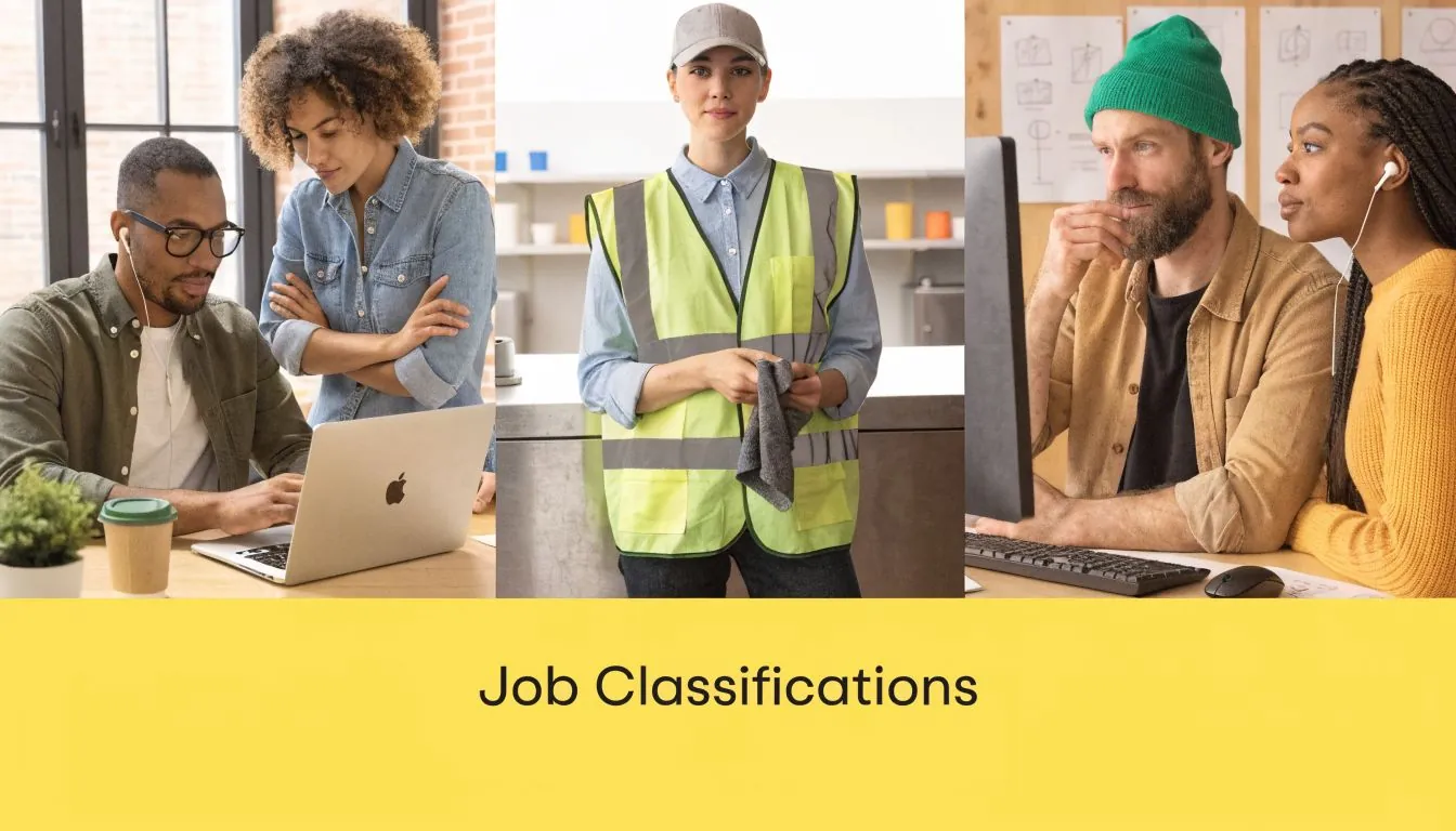 A diverse group of professionals working in various environments, representing different workplace job classification roles.
