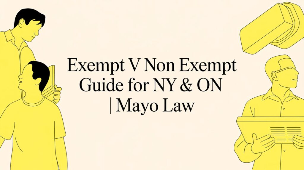 Informational banner about exempt vs non-exempt worker status for NY and Ontario (Mayo Law), with yellow outline figures on both sides.