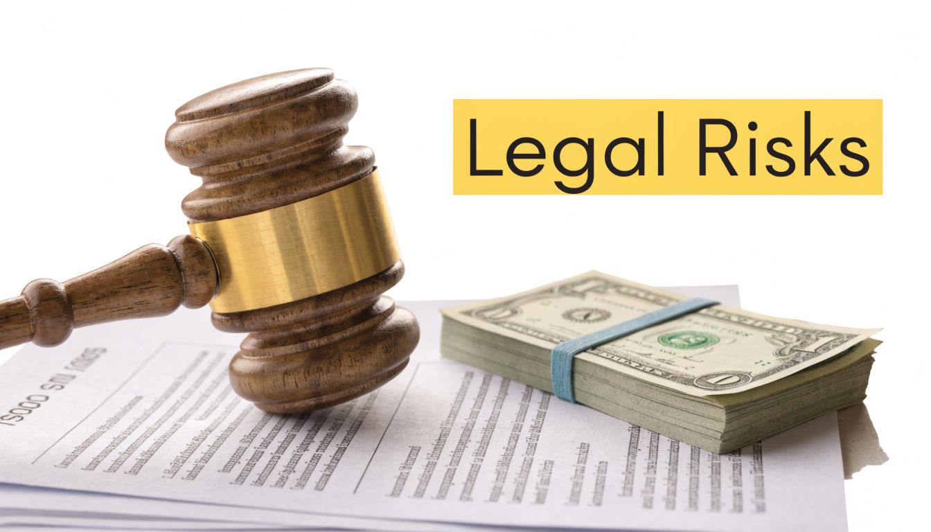 A wooden judge gavel resting on legal documents next to a stack of one-dollar bills.