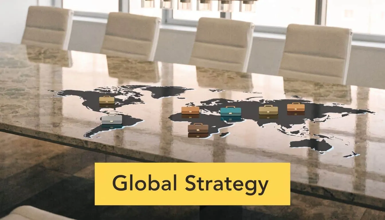 A boardroom table featuring a world map with briefcase icons representing global business and strategy concepts.