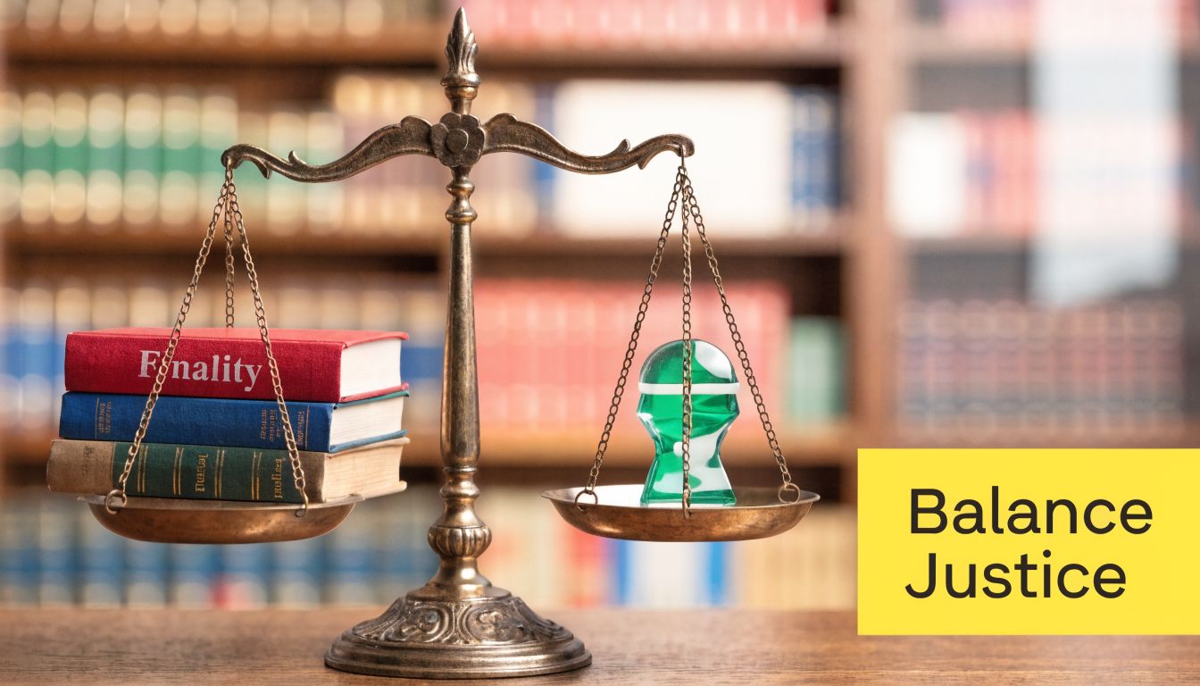 A brass scales of justice balancing a stack of legal books against a stylized glass human head.