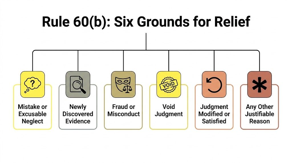 A diagram outlining the six legal grounds for relief under Federal Rule of Civil Procedure 60(b).