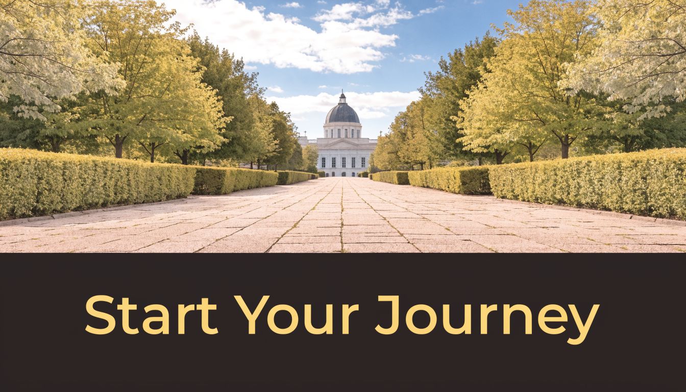 A scenic path lined with trees leading toward a classical capitol building under a bright sky