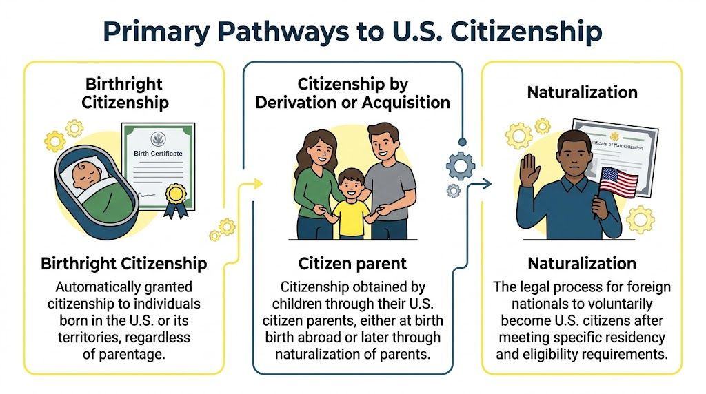 An infographic illustrating the three primary pathways to U.S. citizenship including birthright, derivation, and the naturalization process.