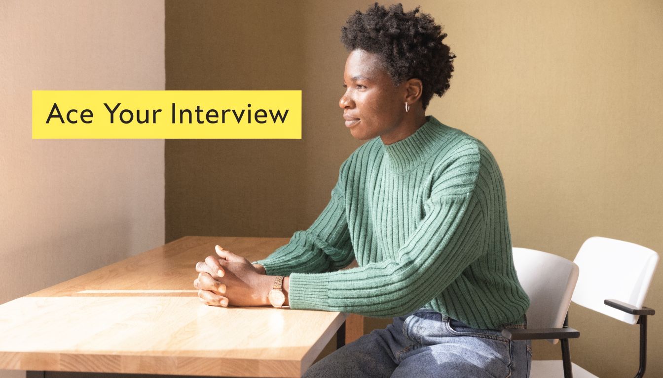 A person sitting at a desk with hands clasped, appearing to be preparing for an interview.
