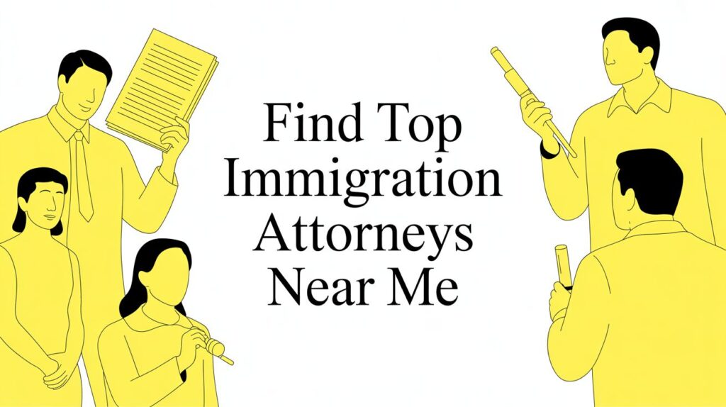 Banner illustration: people in yellow tones around the central message 'Find Top Immigration Attorneys Near Me' on a white background (informational/ad banner).