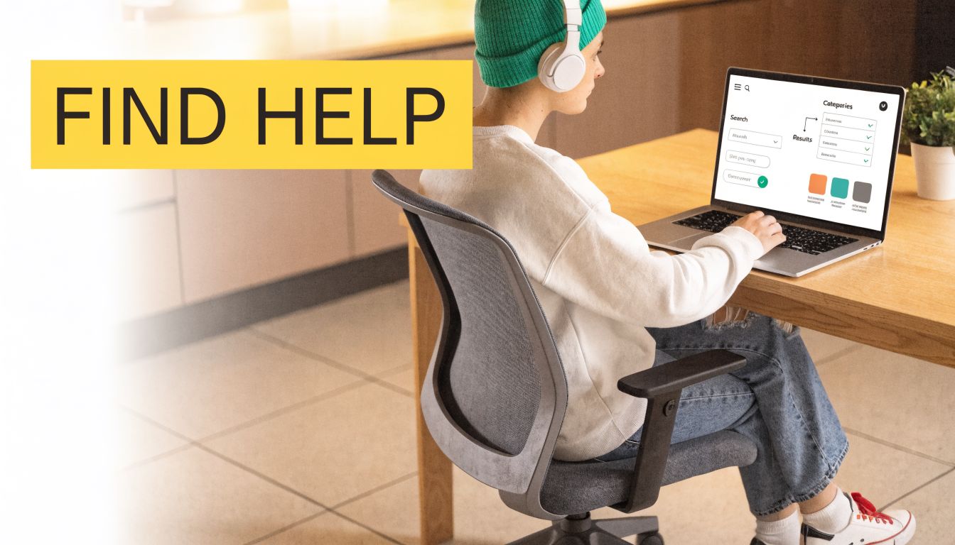 A person sitting at a desk wearing a green beanie and headphones, using a laptop for online research.