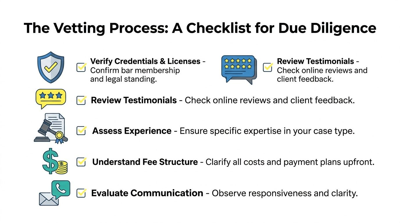 A checklist showing key steps for vetting attorneys including credentials, testimonials, experience, fees, and communication.