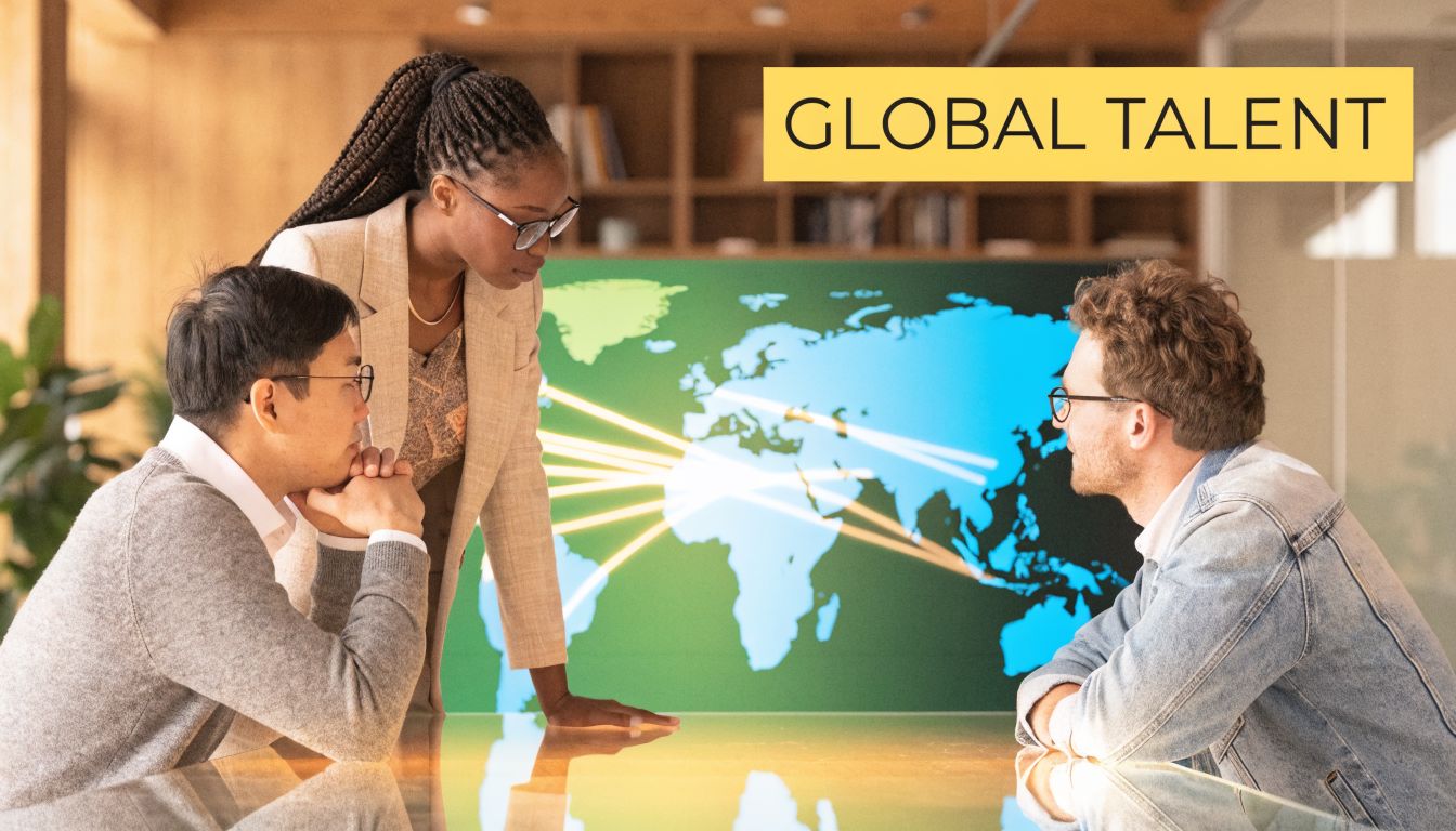 Three professionals in an office environment collaborating around a screen displaying a map with connecting lines.