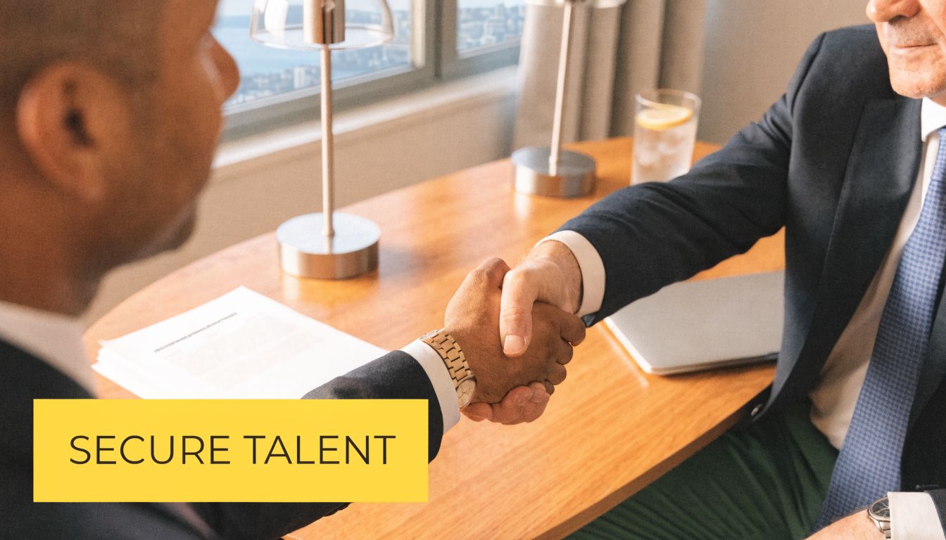 A professional business meeting with two men in suits shaking hands across a desk in an office.