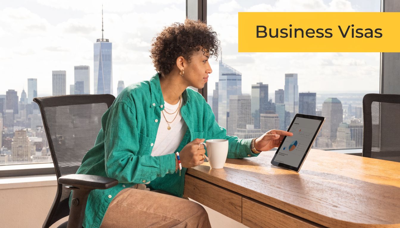 A professional woman in a bright green shirt working on a tablet in a modern office overlooking New York.