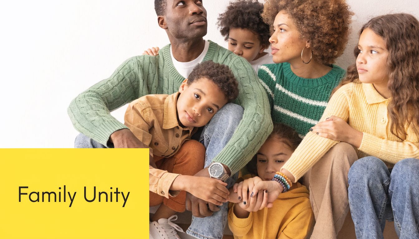 A diverse family of six sitting together looking peaceful and connected, emphasizing themes of family unity.