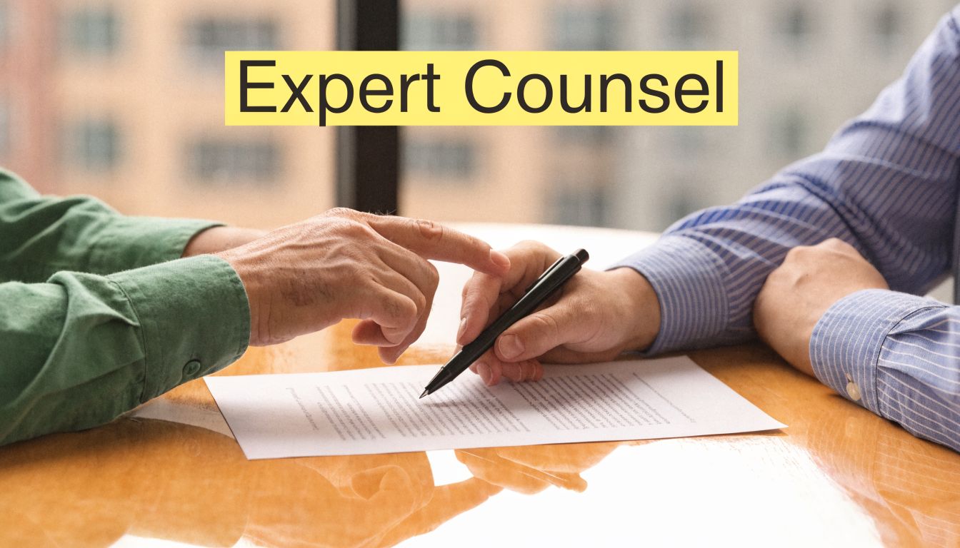 A professional immigration lawyer pointing to a legal document during a consultation with a client.