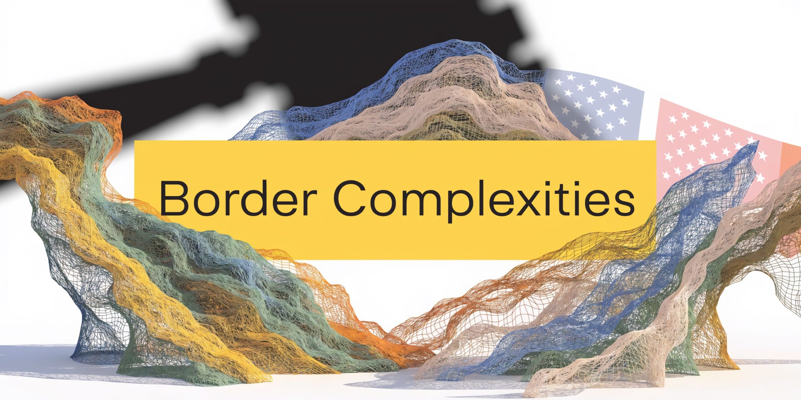 A 3D abstract sculpture of intersecting colored mesh waves with the text Border Complexities and a US flag.
