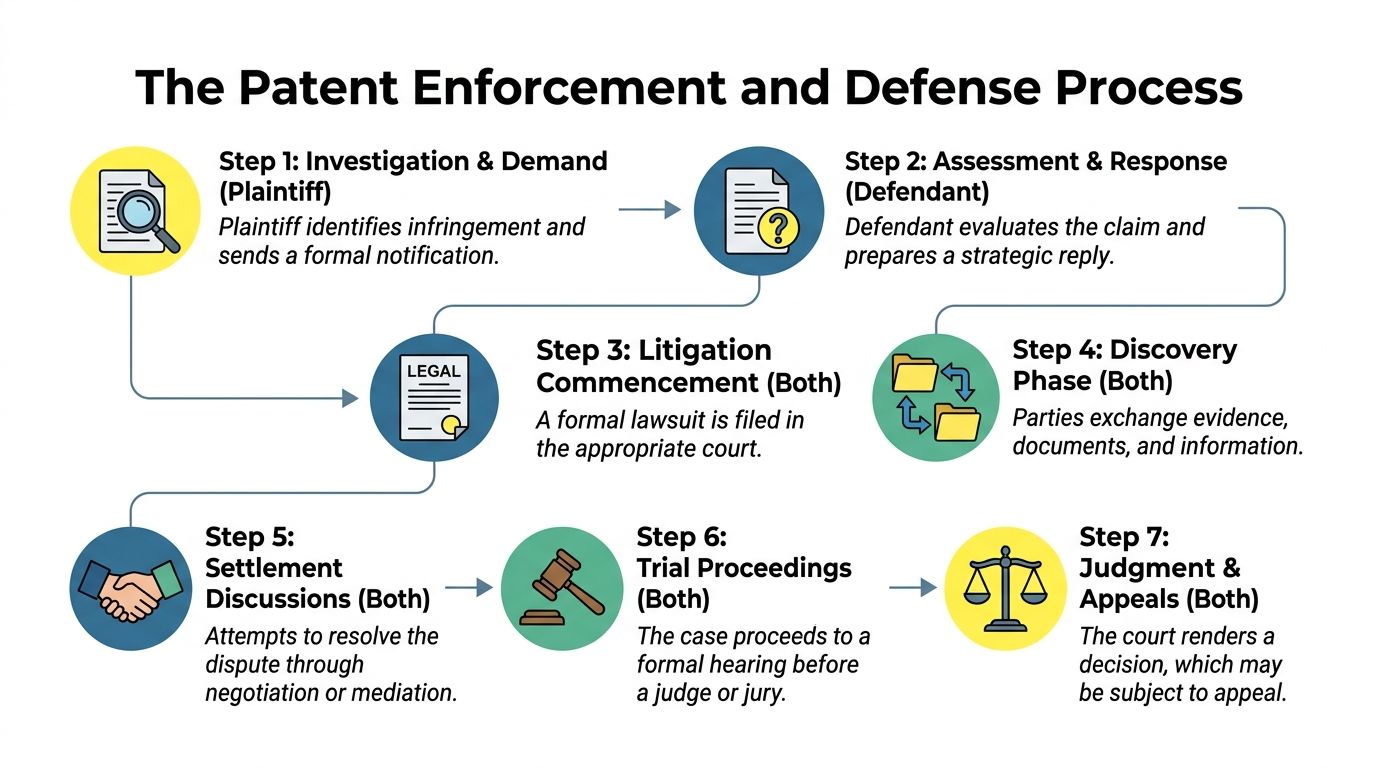 A flow chart outlining the seven stages of the patent enforcement and defense process for legal proceedings.