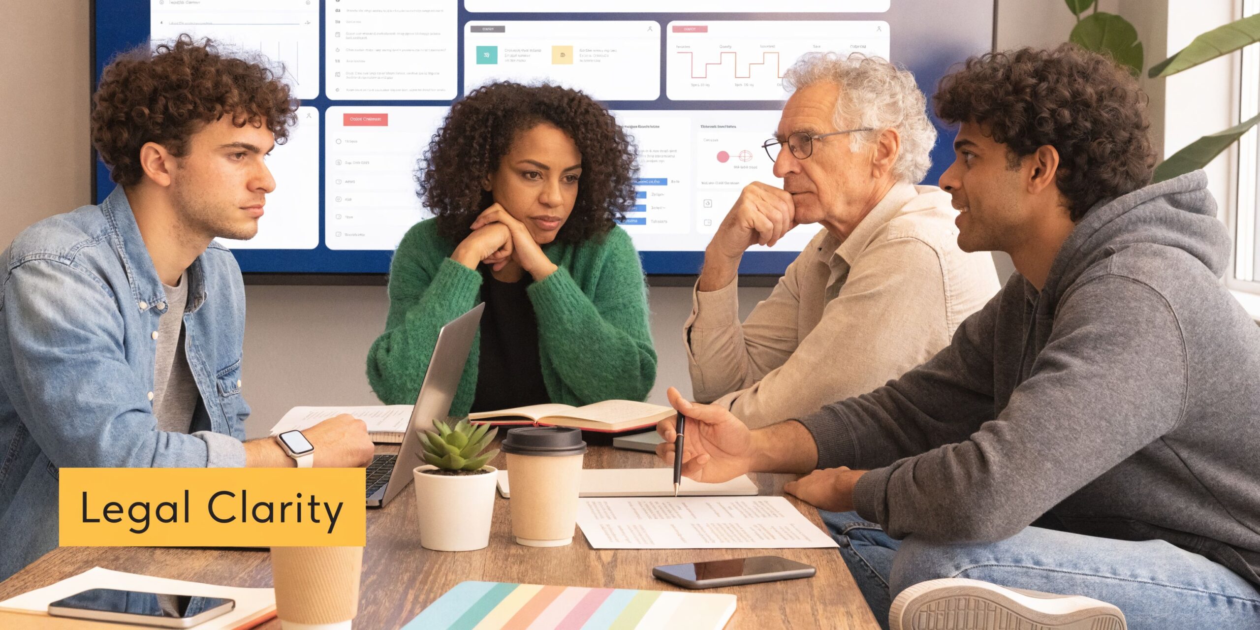 A diverse team of professionals collaborate on legal documents during a meeting in a modern office.
