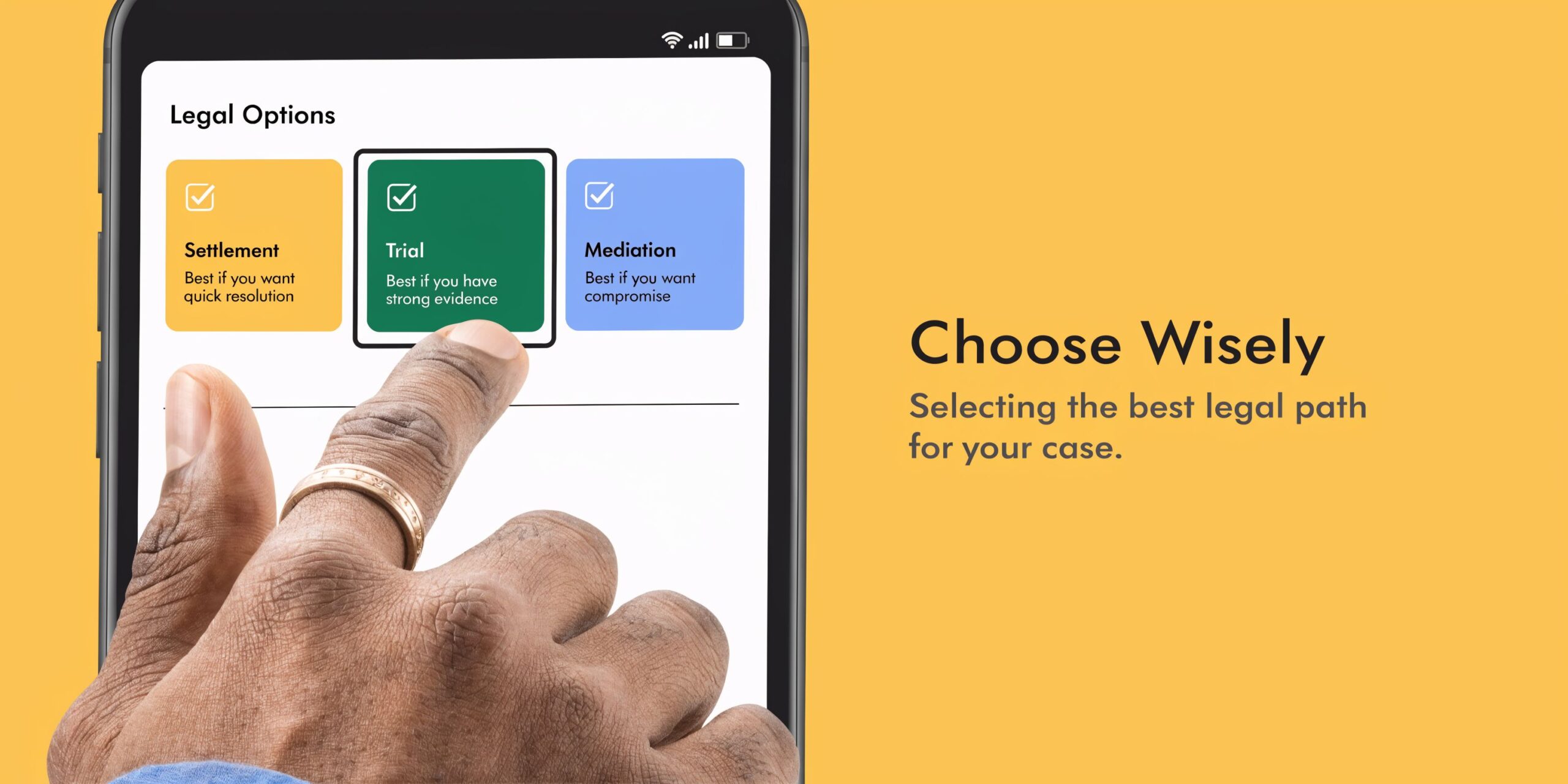 A hand using a smartphone app to choose between legal options including settlement, trial, and mediation.
