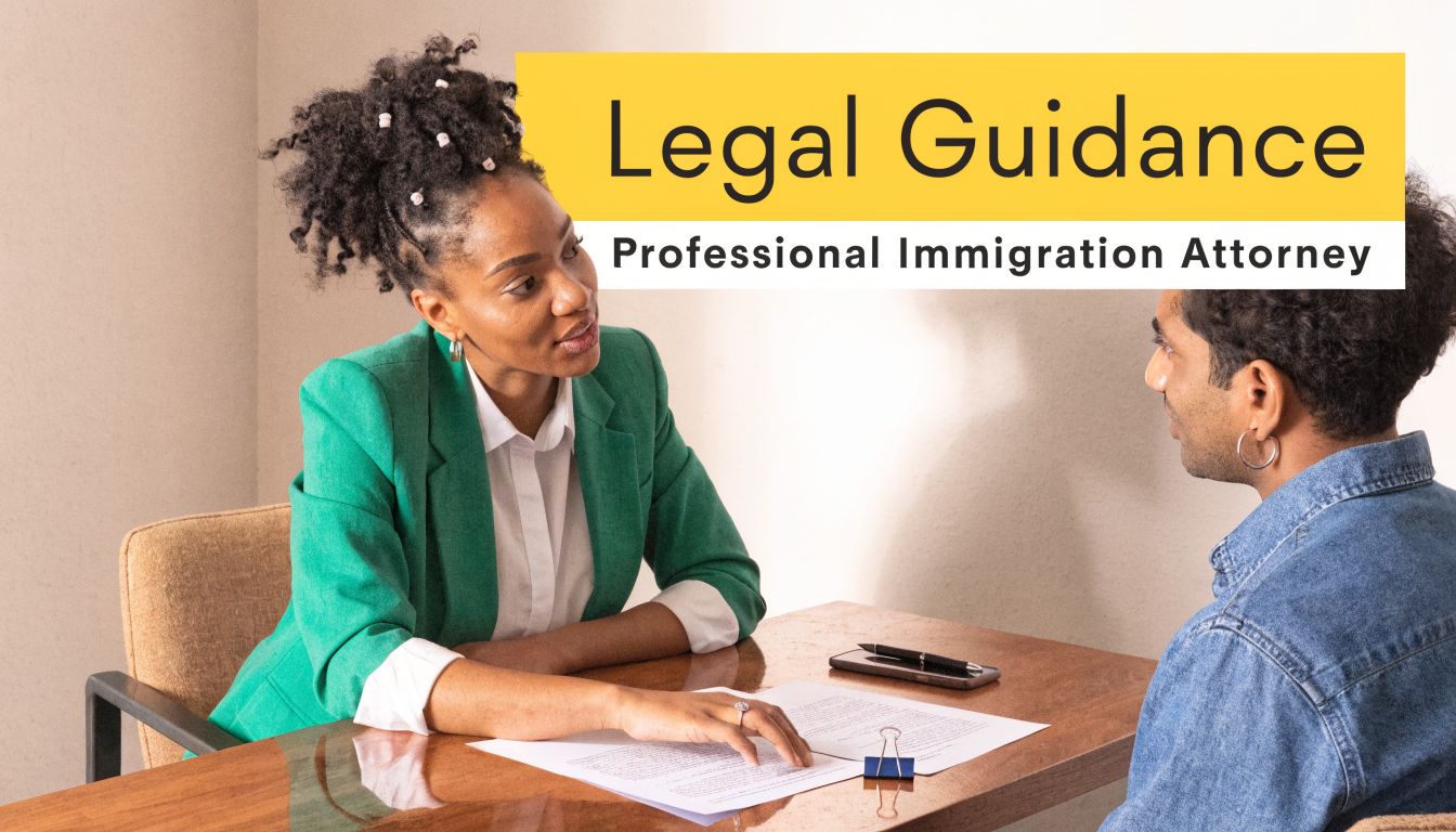 A professional immigration attorney sits at a wooden table providing legal guidance to a client.