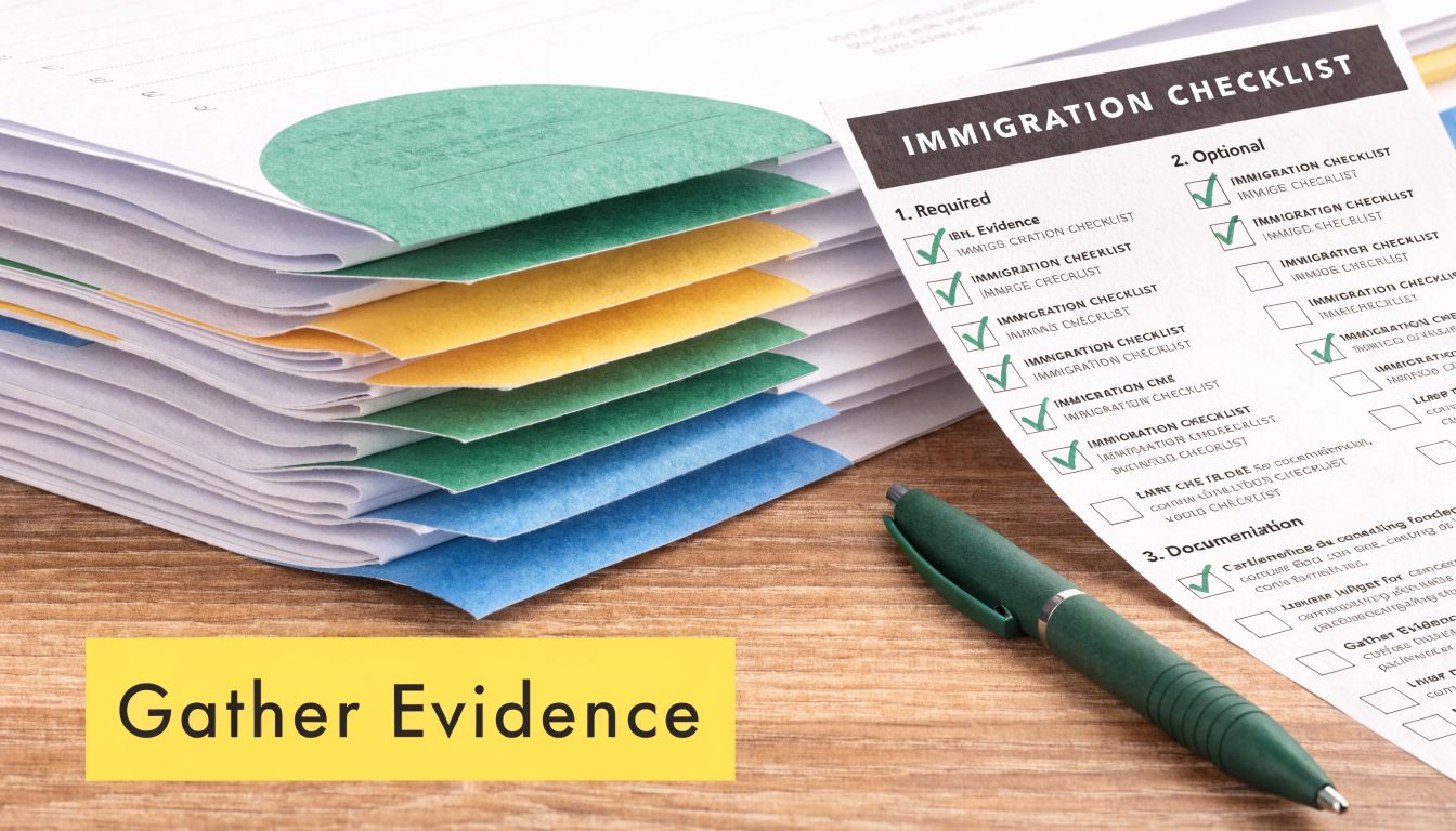 A stack of colorful document folders next to an immigration checklist with a green pen.
