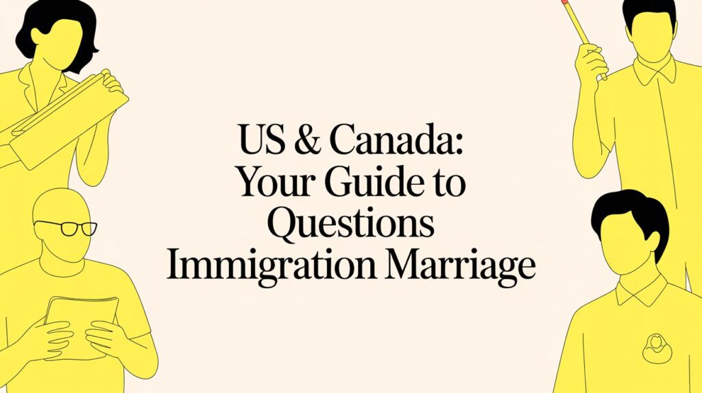 Cover banner: 'US & Canada: Your Guide to Questions Immigration Marriage' with yellow illustrated people around a beige background.