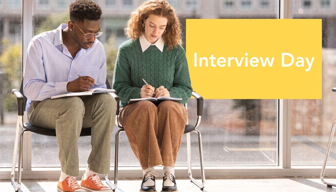A man and a woman sitting in chairs writing in notebooks during an interview preparation day.
