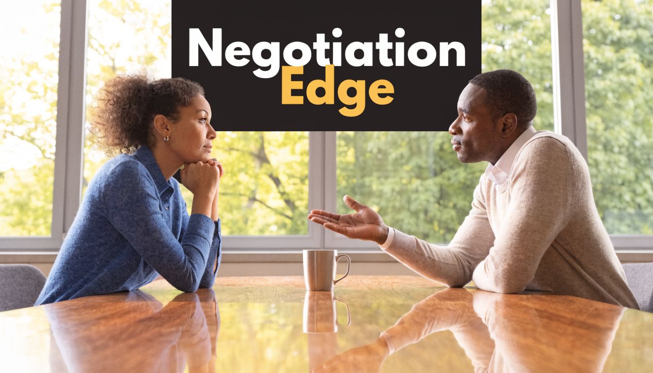 A man and a woman sitting at a table having a serious business negotiation conversation.