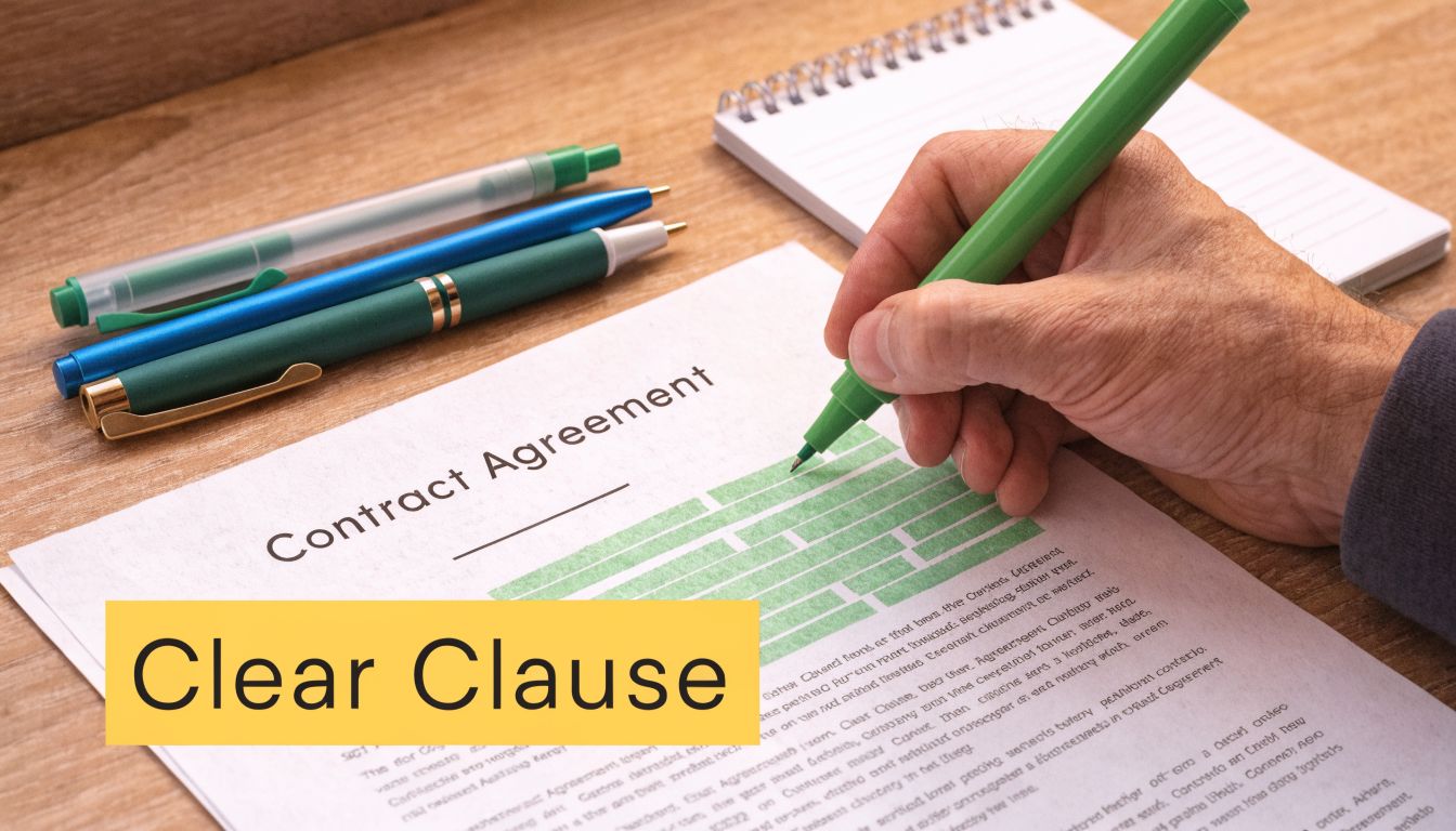 A hand highlights a contract agreement document with a green marker pen on a wooden desk.